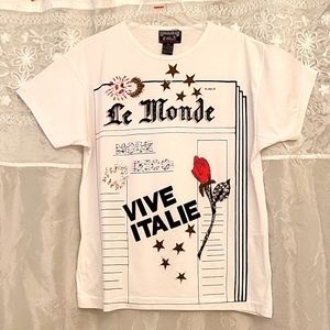 Art Deco Style White T-shirt, Beads, Sequins, Romantic Rose, French, M/L